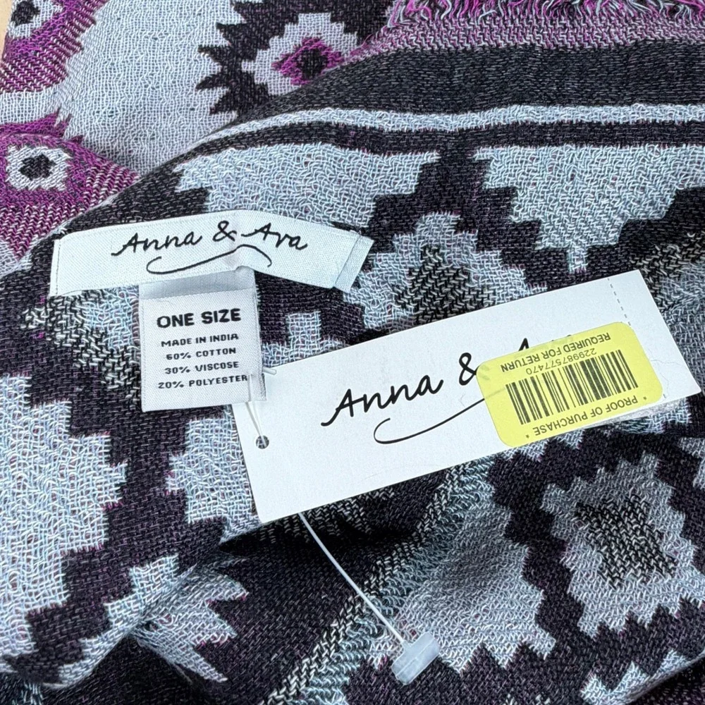 NWT Anna & Ava Gray‎ Purple Fringe Scarf Southwest Aztec Bohemian Blanket Wrap